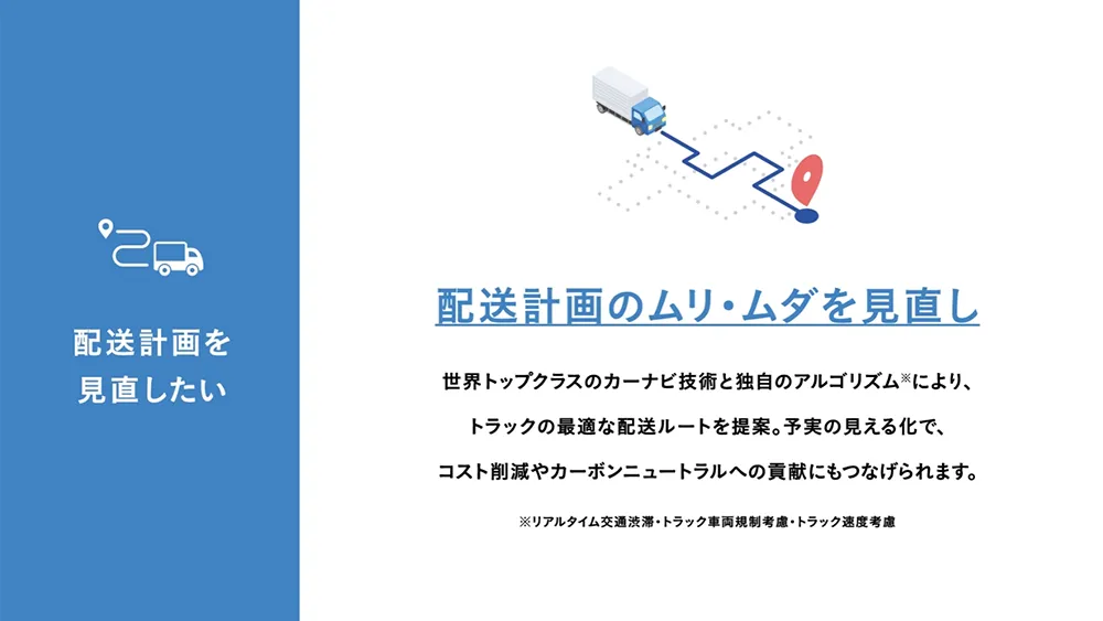 カーナビゲーション技術を活用した物流改善ソリューション 動画